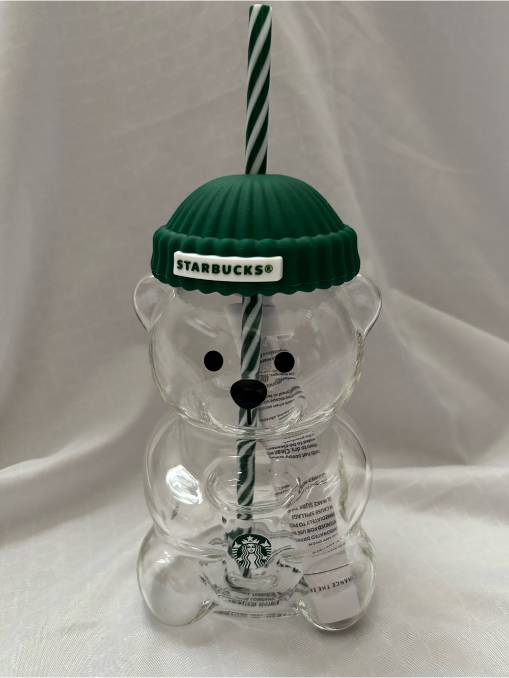 Starbucks Clear Bear Tumbler with Green Beanie Lid and Green-White Straw